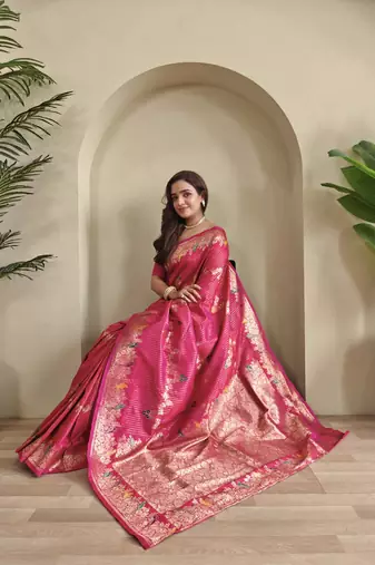 Pink silk blend zari banarasi weaving saree with Blouse
