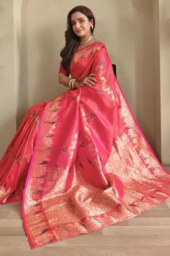 Pink silk blend zari banarasi weaving saree with Blouse