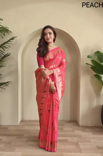 Pink silk blend zari banarasi weaving saree with Blouse