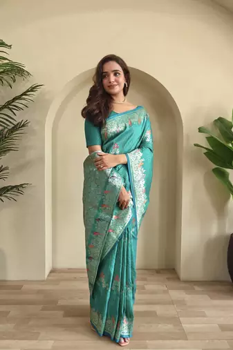 Sky blue silk blend zari banarasi weaving saree with Blouse