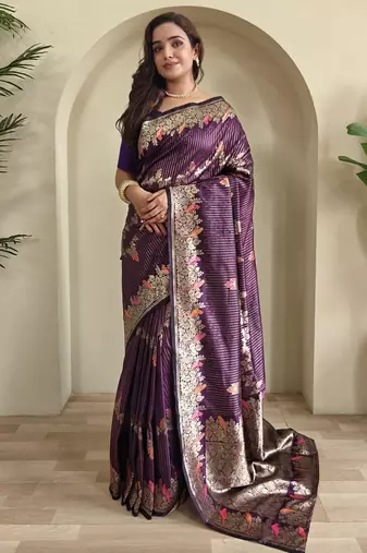 Purple silk blend zari banarasi weaving saree with Blouse
