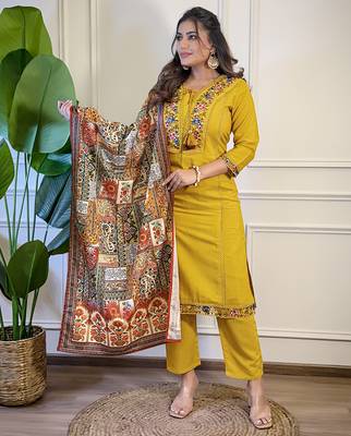 Women's  Viscose Embroidery Straight Kurta with Pant And Dupatta Set 1