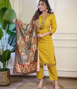 Women's Gorgeous Viscose Embroidery Straight Kurta with Pant And Dupatta Set