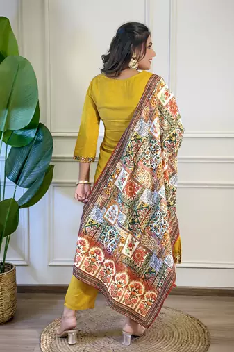 Women's  Viscose Embroidery Straight Kurta with Pant And Dupatta Set