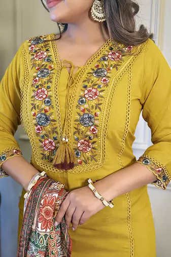 Women's  Viscose Embroidery Straight Kurta with Pant And Dupatta Set