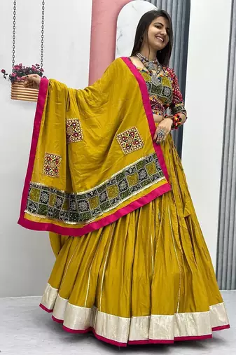 Full Stitch Mustard Yellow Pure Cotton Traditional Lehenga Choli with Ribbon Lace Work     With Blouse