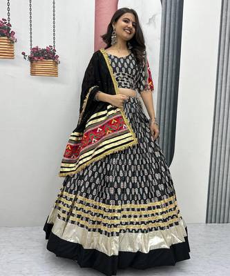 Navratri Special Black Printed Rayon Cotton Lehenga Choli with Lace Border (Fully Stitched) 3