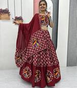 Maroon Printed Cotton Navratri Lehenga Choli with Peacock Mirror Appliqué