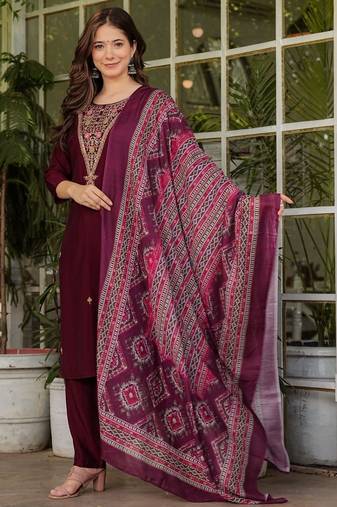 Women's Gorgeous Rayon Slub Embroidery Straight Kurta with Pant And Dupatta Set