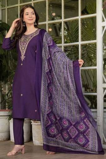 Women's Gorgeous Rayon Slub Embroidery Straight Kurta with Pant And Dupatta Set