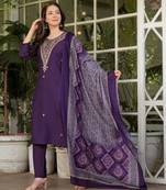 Women's Gorgeous Rayon Slub Embroidery Straight Kurta with Pant And Dupatta Set