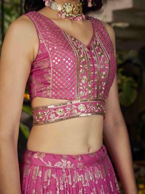 pink party silk zari lehenga set choli with dupatta with dupatta 7