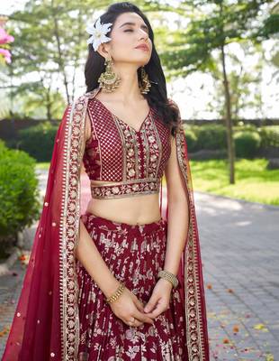 maroon zari work silk bridesmaids lehenga set choli with dupatta with dupatta 5