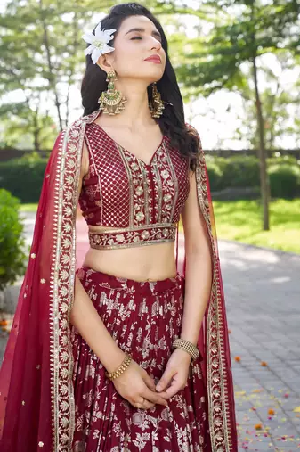 maroon zari work silk bridesmaids lehenga set choli with dupatta with dupatta