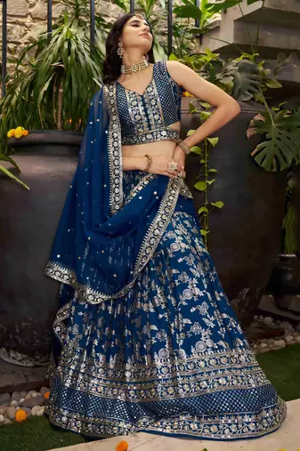 dove blue silk embroidery zari party lehenga set choli with dupatta