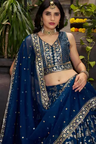 dove blue silk embroidery zari party lehenga set choli with dupatta