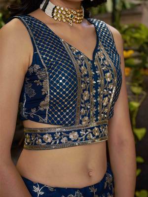 dove blue silk embroidery zari party lehenga set choli with dupatta 7