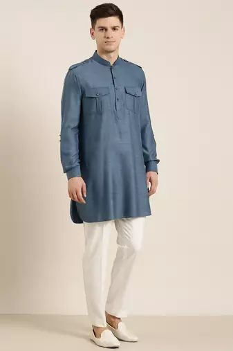 Denim blue cotton short pathani