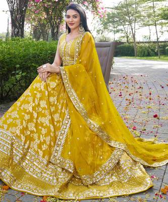yellow thread embroidery lehenga set choli with dupatta 5