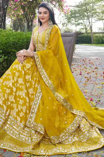 yellow thread embroidery lehenga set choli with dupatta