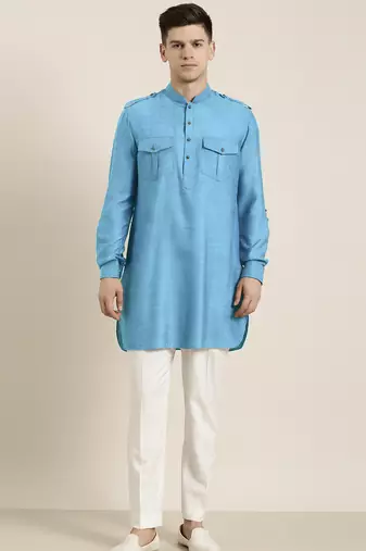 Blue light cotton short pathani