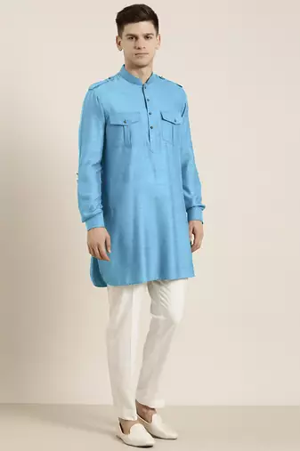 Blue light cotton short pathani