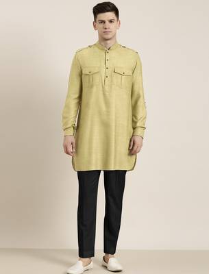 Greenish beige cotton short pathani 1
