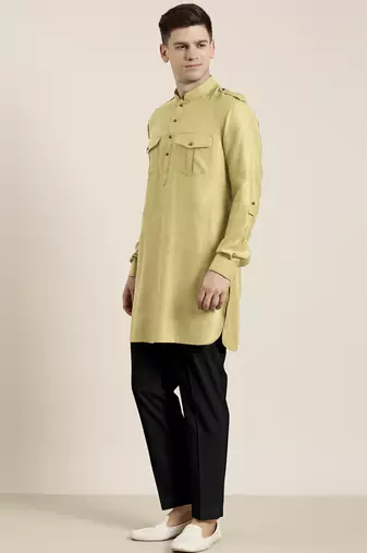 Greenish beige cotton short pathani