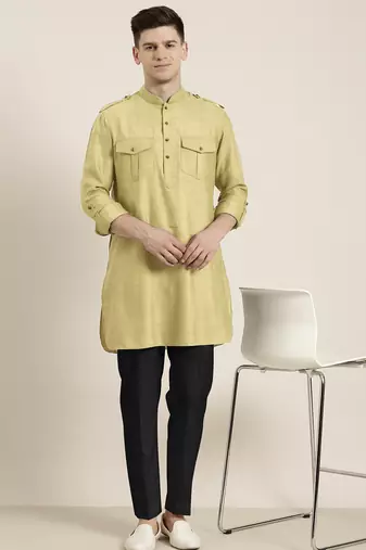 Greenish beige cotton short pathani