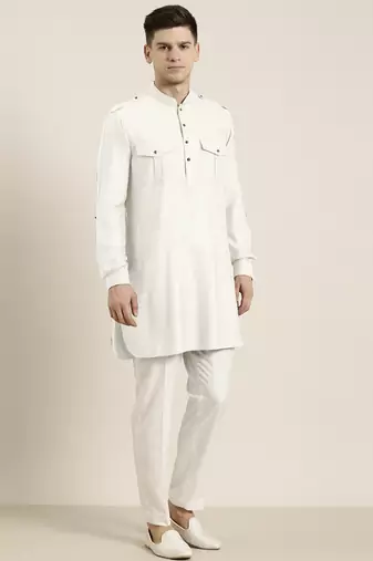 Off white cotton short pathani