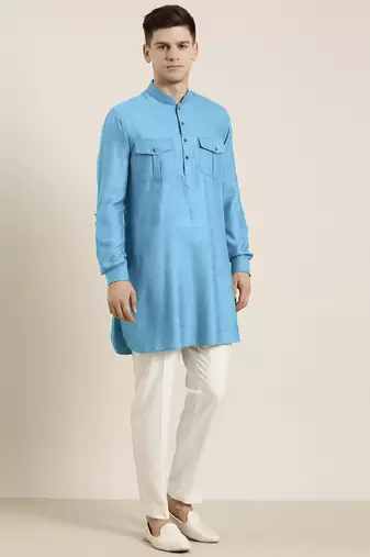 Blue light cotton short pathani