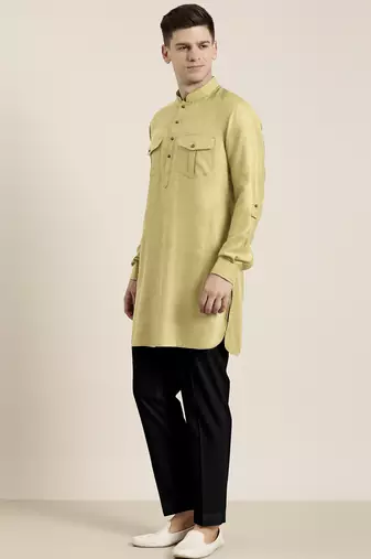 Greenish beige cotton short pathani