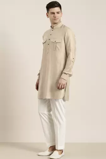 Beige cotton short pathani