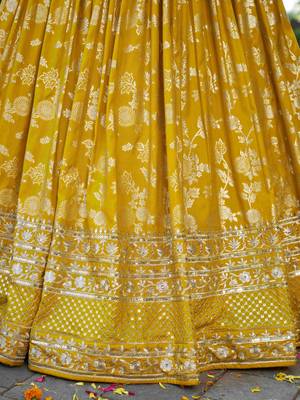 yellow thread embroidery lehenga set choli with dupatta 8