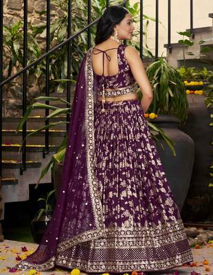 wine silk thread embroidery party lehenga set choli with dupatta 5