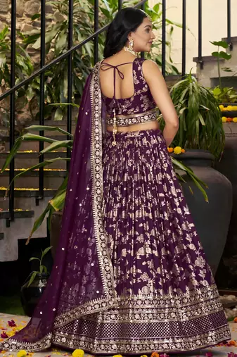 wine silk thread embroidery party lehenga set choli with dupatta