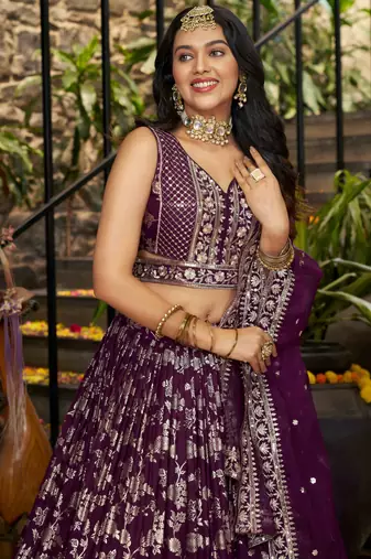 wine silk thread embroidery party lehenga set choli with dupatta