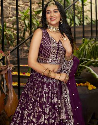 wine silk thread embroidery party lehenga set choli with dupatta 7