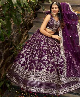 wine silk thread embroidery party lehenga set choli with dupatta 8