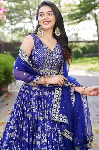royal blue silk thread embroidery lehenga set choli with dupatta