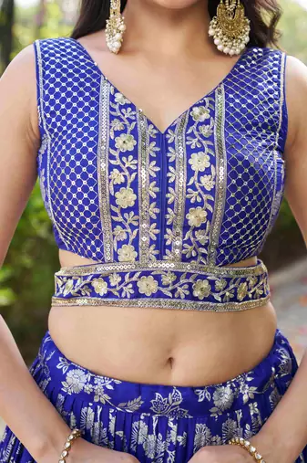 royal blue silk thread embroidery lehenga set choli with dupatta