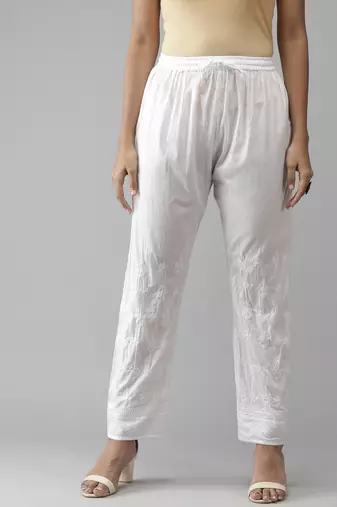 Hand embroidered white cotton lucknowi chikankari palazzo