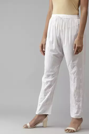 Hand embroidered white cotton lucknowi chikankari palazzo