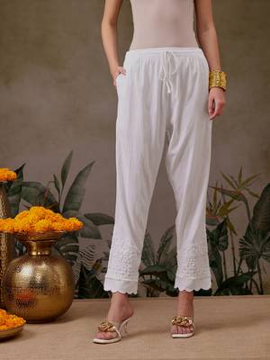 Hand embroidered white lycra lucknowi chikankari pant 1