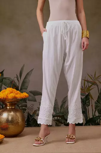 Hand embroidered white lycra lucknowi chikankari pant