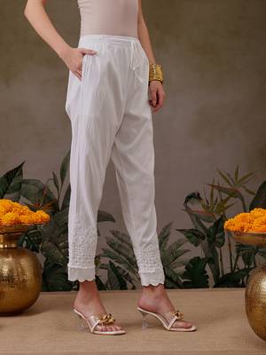 Hand embroidered white lycra lucknowi chikankari pant 3