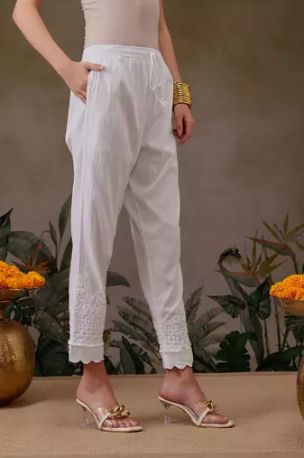 Hand embroidered white lycra lucknowi chikankari pant