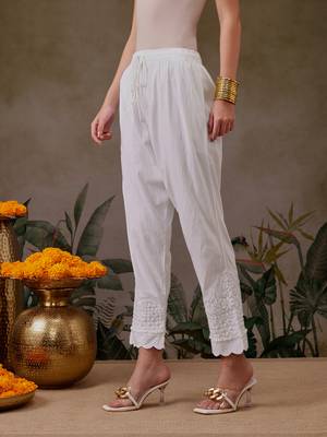 Hand embroidered white lycra lucknowi chikankari pant 4