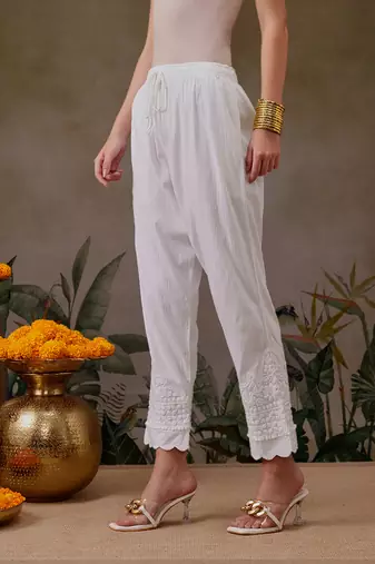 Hand embroidered white lycra lucknowi chikankari pant