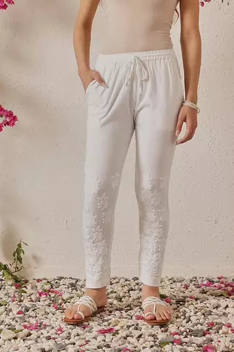 Hand embroidered white lycra cotton lucknowi chikankari straight pant